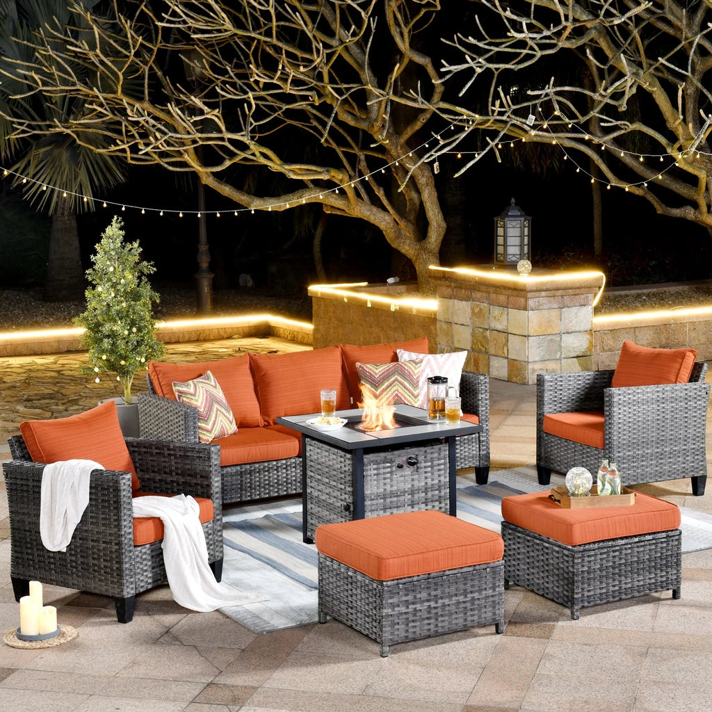 6-piece High-back Wicker Sectional Set With Fire Pit O83248