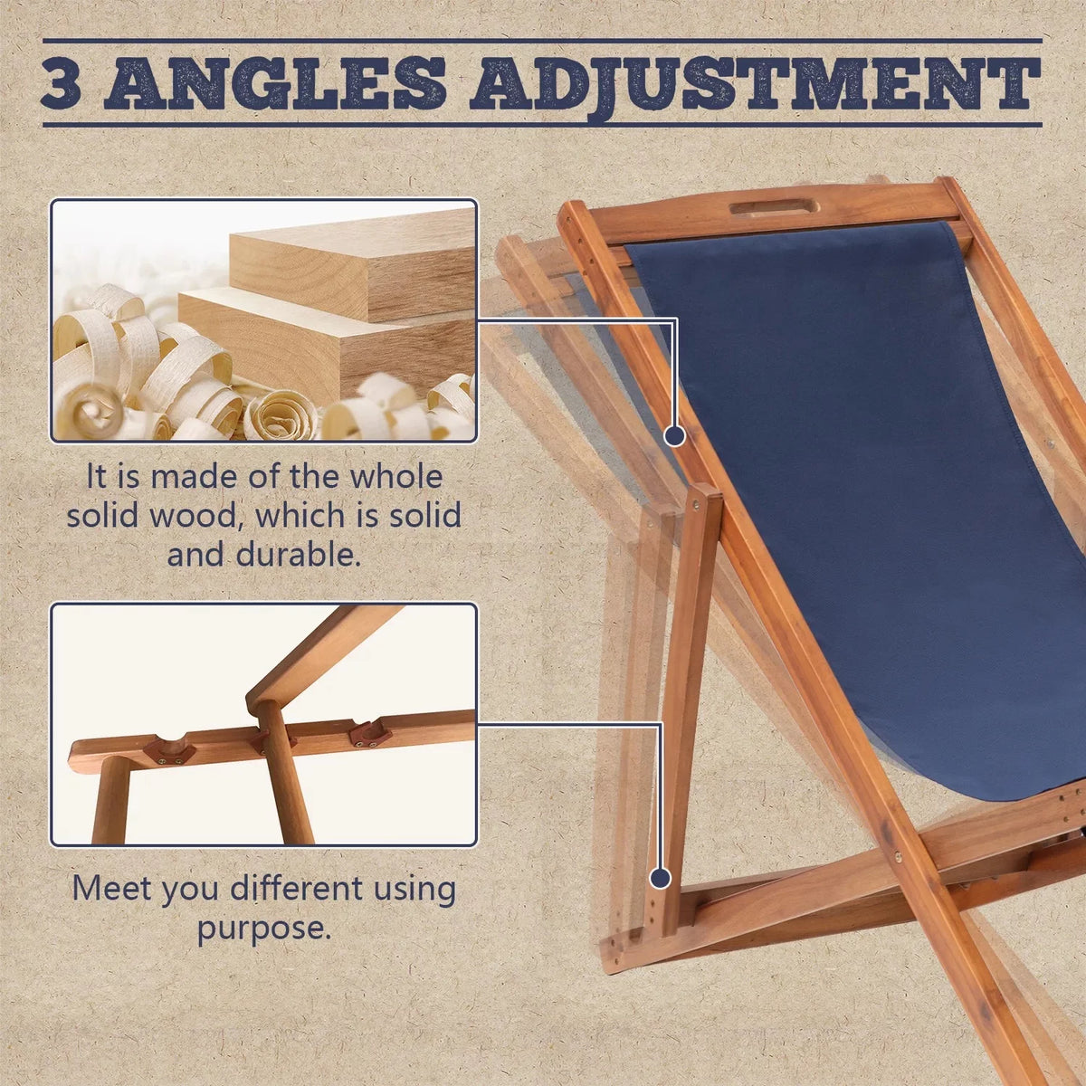 Beach Chair 2 Set Folding Reclining Chair with Solid Wood Frame Blue K3394