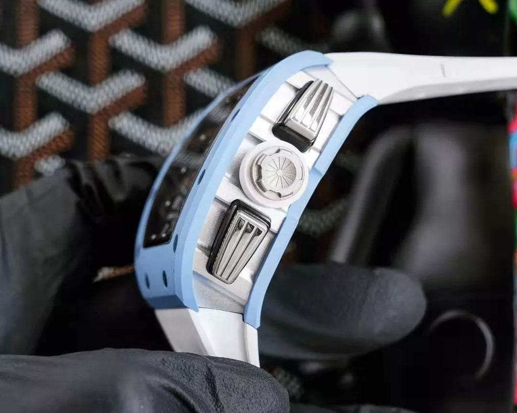 Skeleton Dial Blue Bezel White Rubber Strap N7569