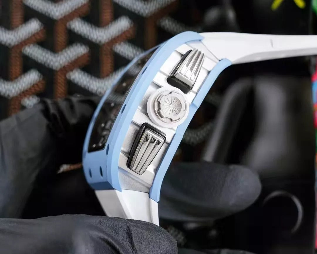 Skeleton Dial Blue Bezel White Rubber Strap N7569