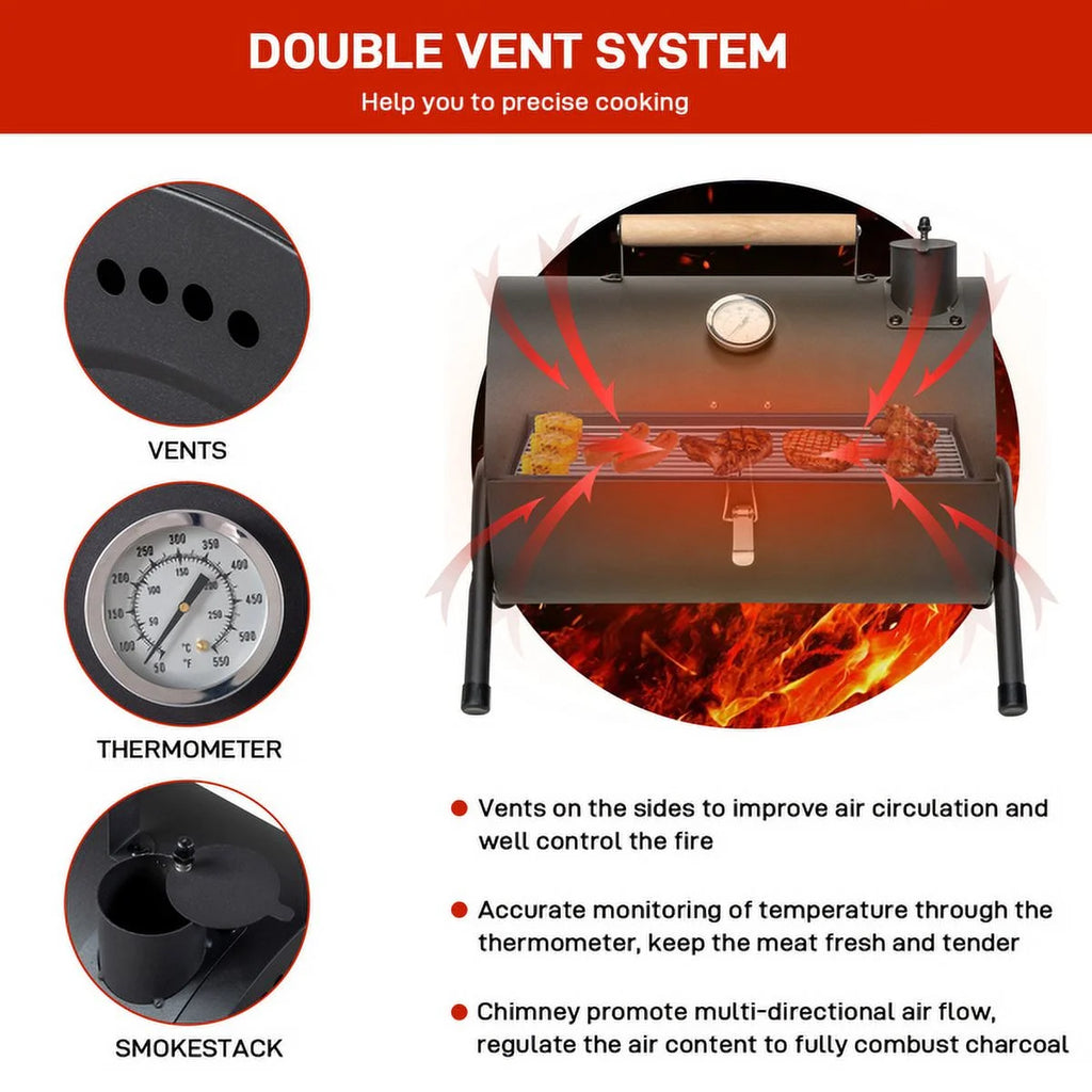 Portable Charcoal Grill with Thermometer & Wooden Handle K2403