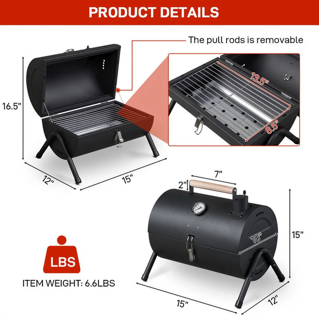 Portable Charcoal Grill with Thermometer & Wooden Handle K2403