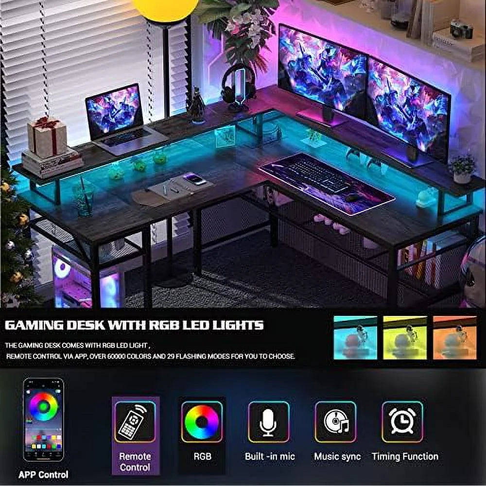 L Shaped Computer Desk with Power Outlet and LED Strip Black C75408