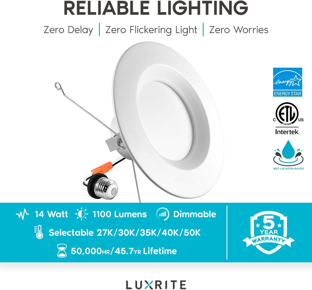 5/6 Inch LED Recessed Retrofit Downlight, 14W=90W, CCT Color Selectable, Dimmable, 1100 Lumens, Wet Rated, Smooth Trim (4 Pack) P319262
