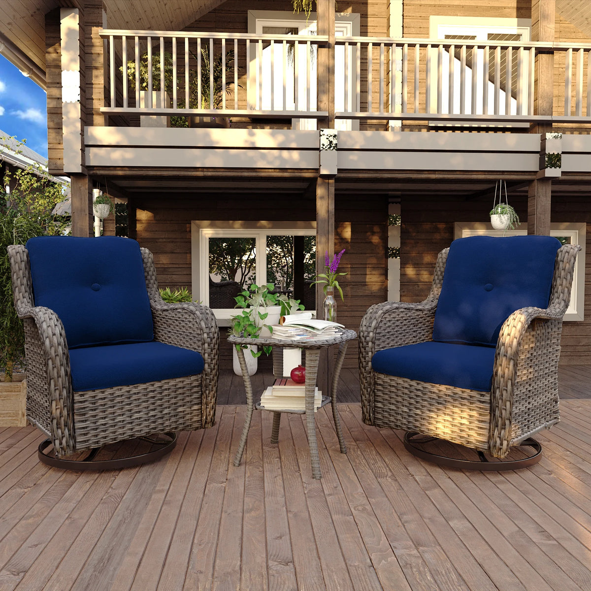 Blue Wicker Patio Swivel Rocker Chairs Set of 2 with Table Y1681
