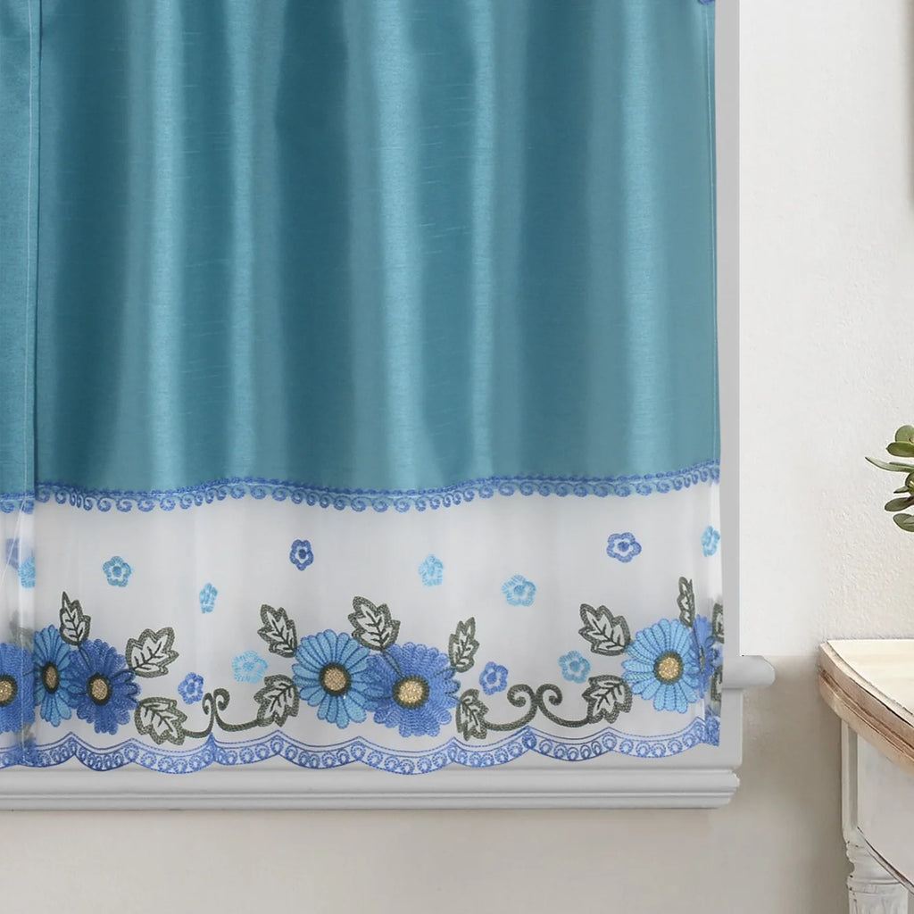 Turquoise Embroidered 3-Piece Kitchen Curtain Tiers & Swag Set, 58x36 & 28x36 inches R71339