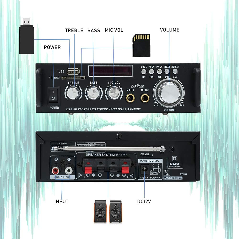 Bluetooth 5.0 Stereo Audio Amplifier Receiver with USB, SD Card, FM Radio, Remote Control U448029