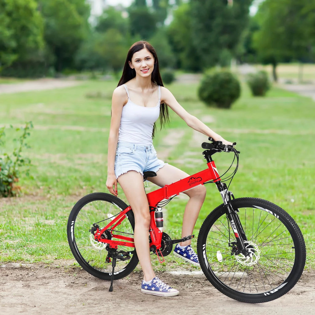 Folding Mountain Bike 21-Speed 26 inch Wheels Red J859
