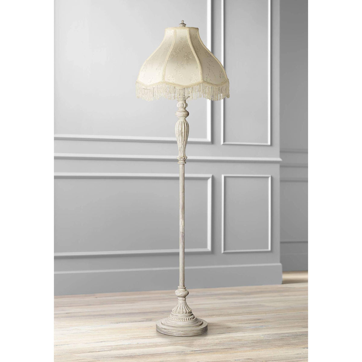Antique White Cream Scallop Fabric Dome Shade Floor Lamp F848087