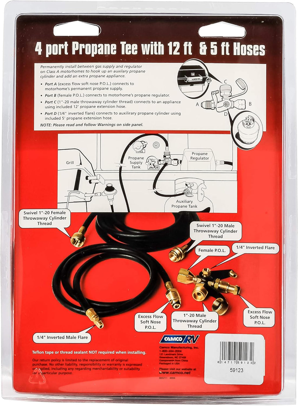 Camco Propane Brass 4 Port Tee with 5ft and 12ft Hoses I988