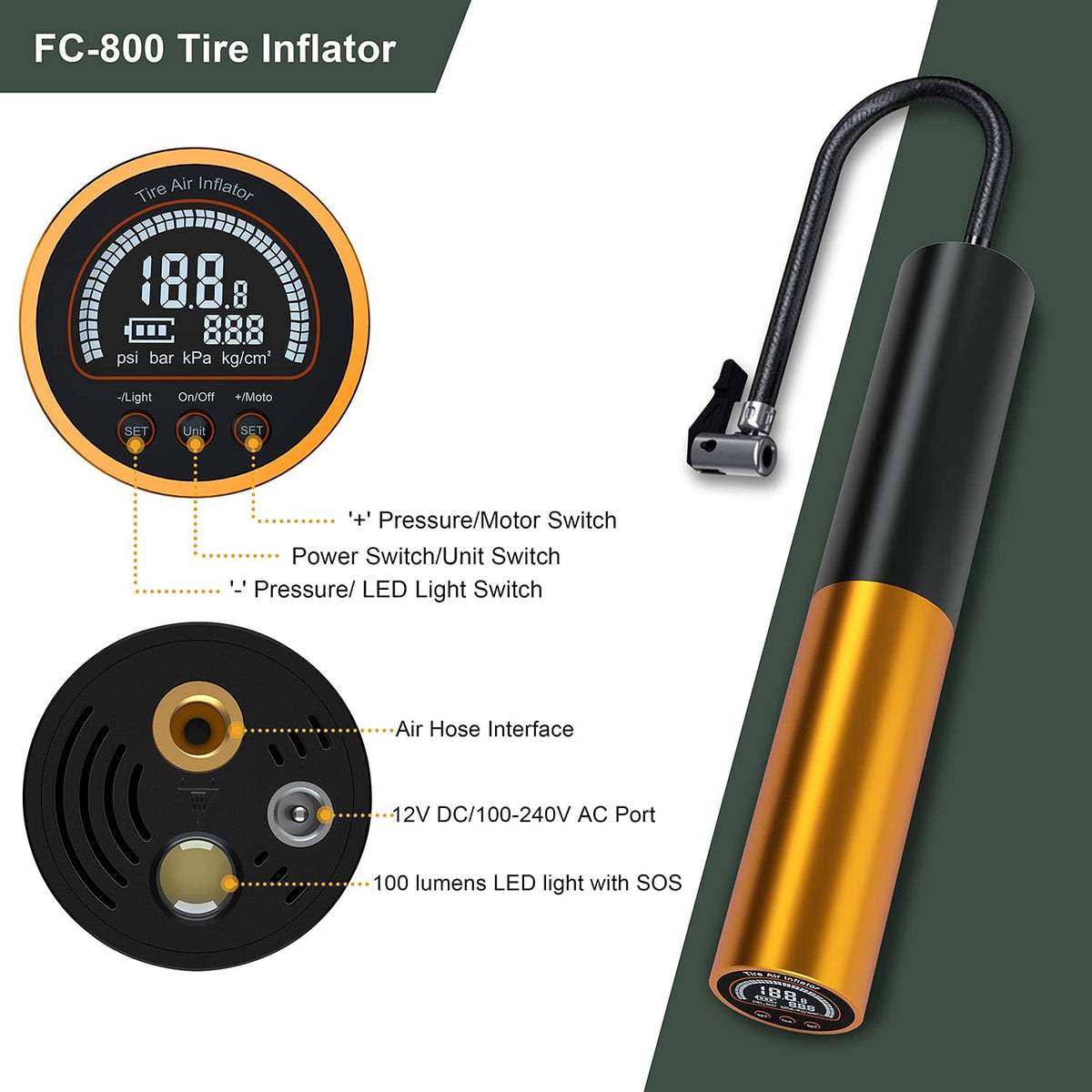 3000mAh Portable Wireless Rechargeable Bike Tire Pump with Digital Pressure Gauge, 140PSI, Pack of 2 V3160