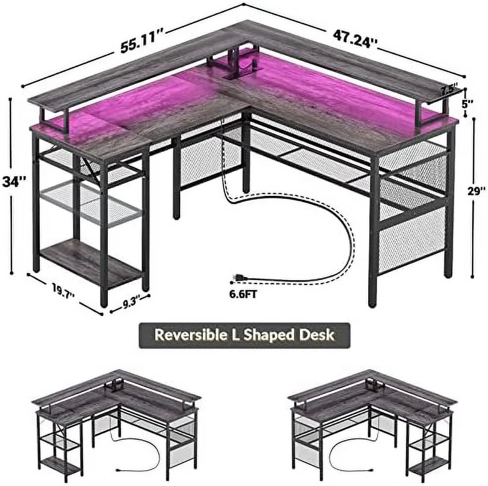 L Shaped Computer Desk with Power Outlet and LED Strip Black C75408