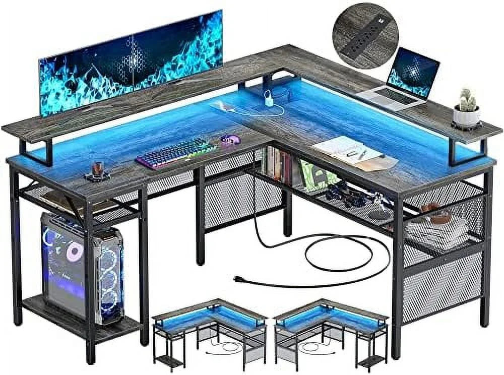 L Shaped Computer Desk with Power Outlet and LED Strip Black C75408