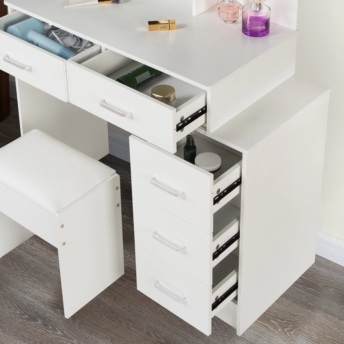White Vanity Set with Lighted Mirror, Drawers and Stool U29323