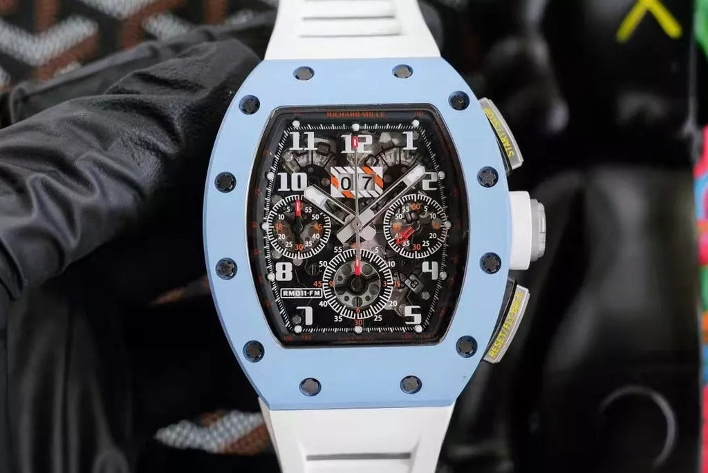 Skeleton Dial Blue Bezel White Rubber Strap N7569