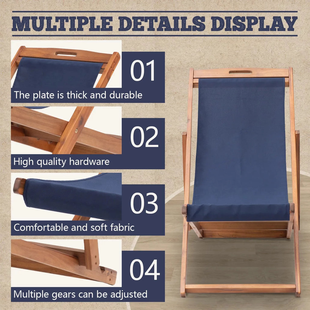Beach Chair 2 Set Folding Reclining Chair with Solid Wood Frame Blue K3394