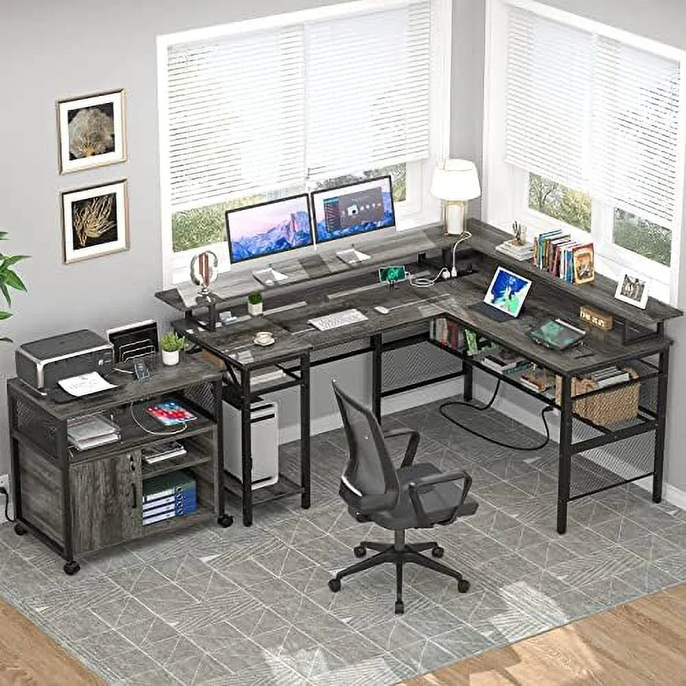 L Shaped Computer Desk with Power Outlet and LED Strip Black C75408