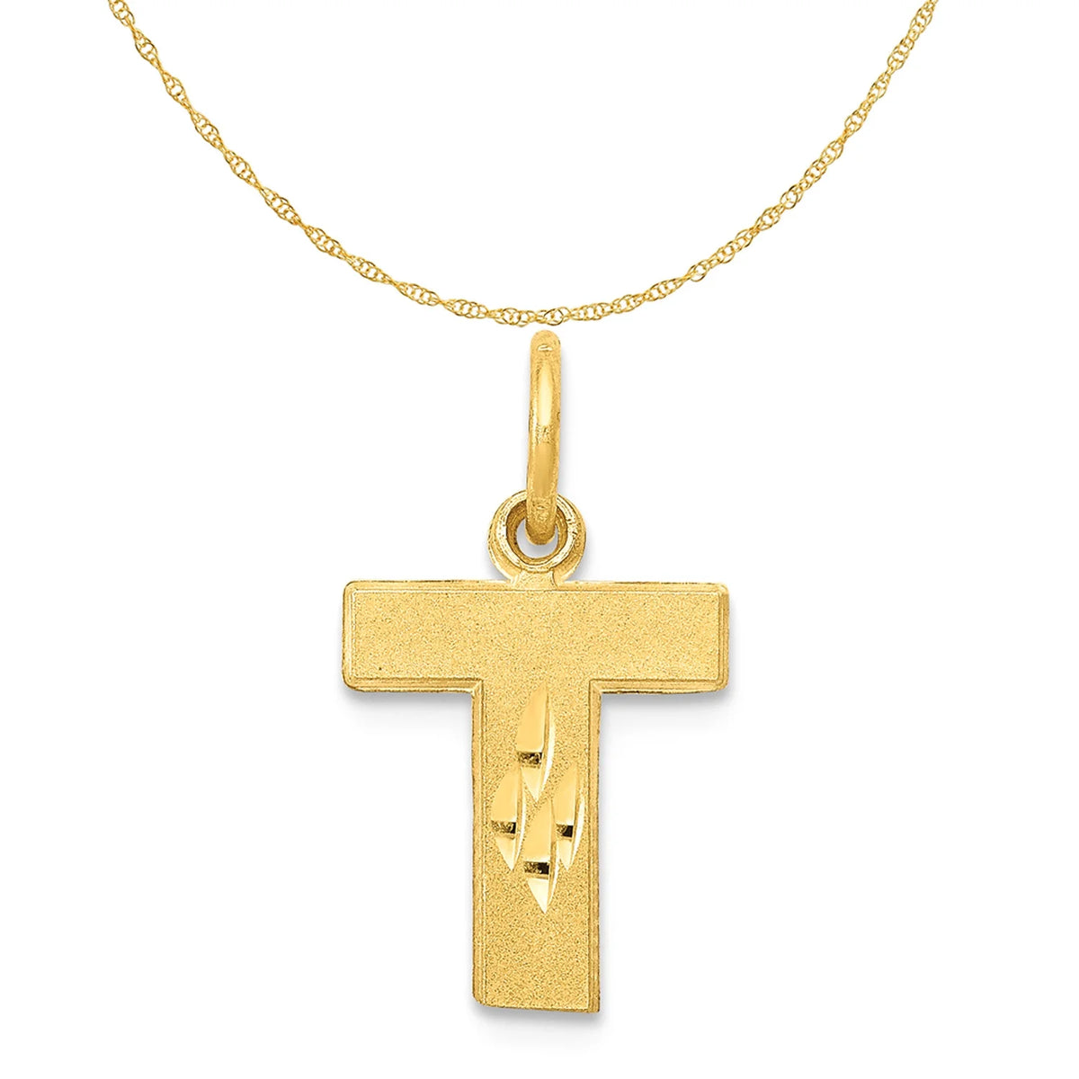14K Yellow Gold Diamond-Cut Letter T Initial Pendant Charm with Rope Chain Necklace 18'' S49454