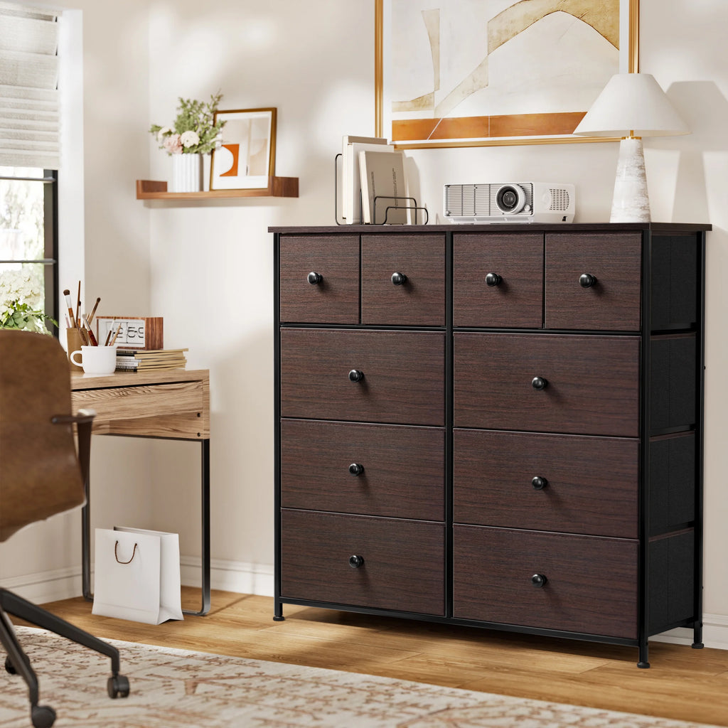 Dark Brown 10 Drawer Fabric Dresser V9495