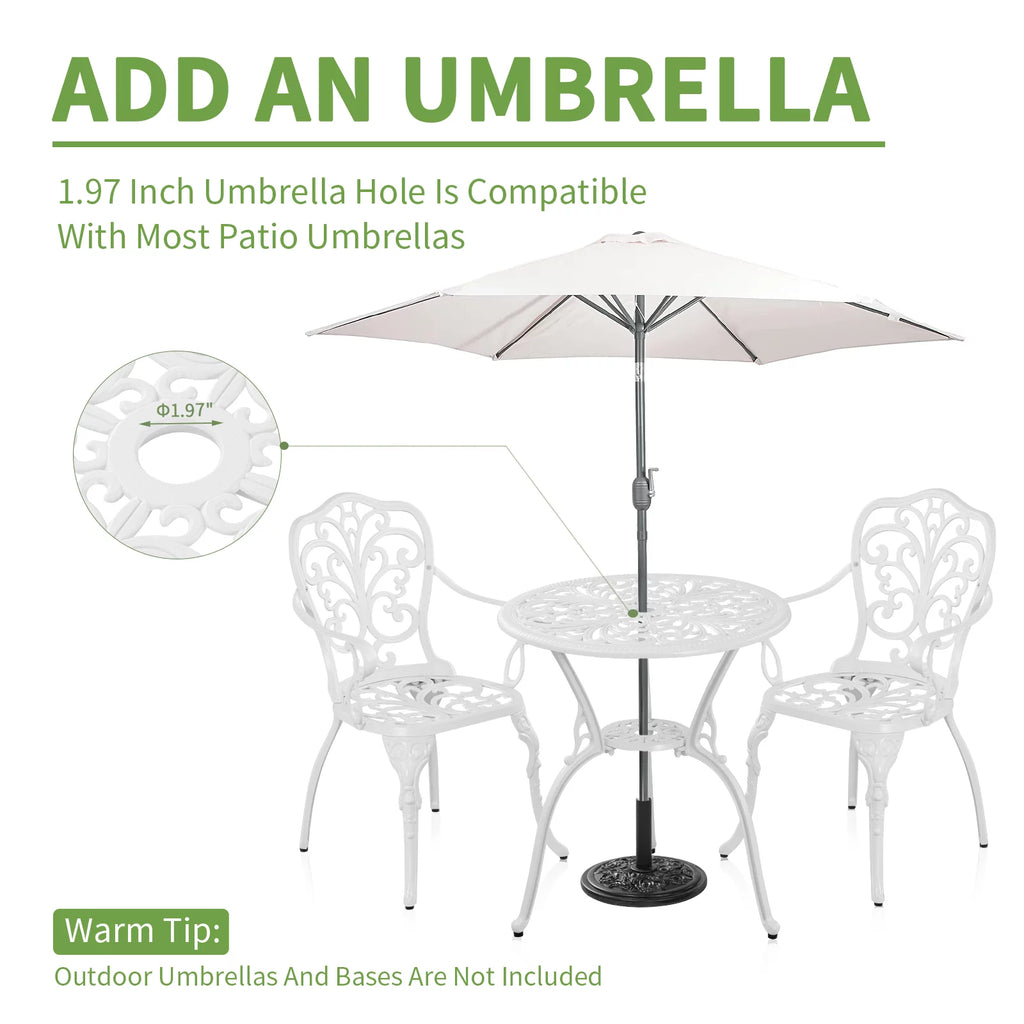 White Bistro Table and Chairs Set with Umbrella Hole S400746