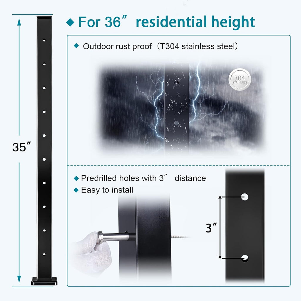 Black Square Weldless Stainless Steel Cable Railing Post 4Pack X4514