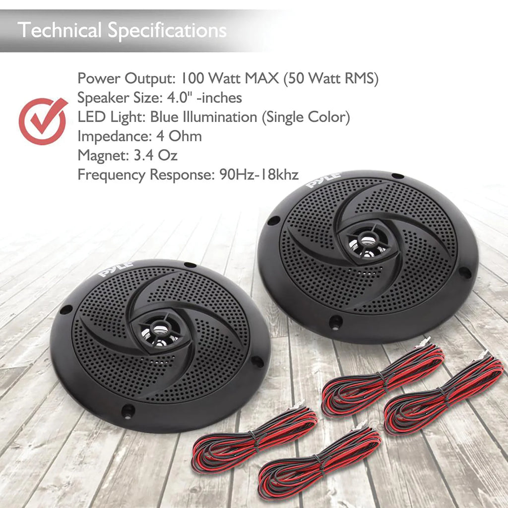 4 Waterproof Low Profile Marine Speakers, Black (2 Pack) U615