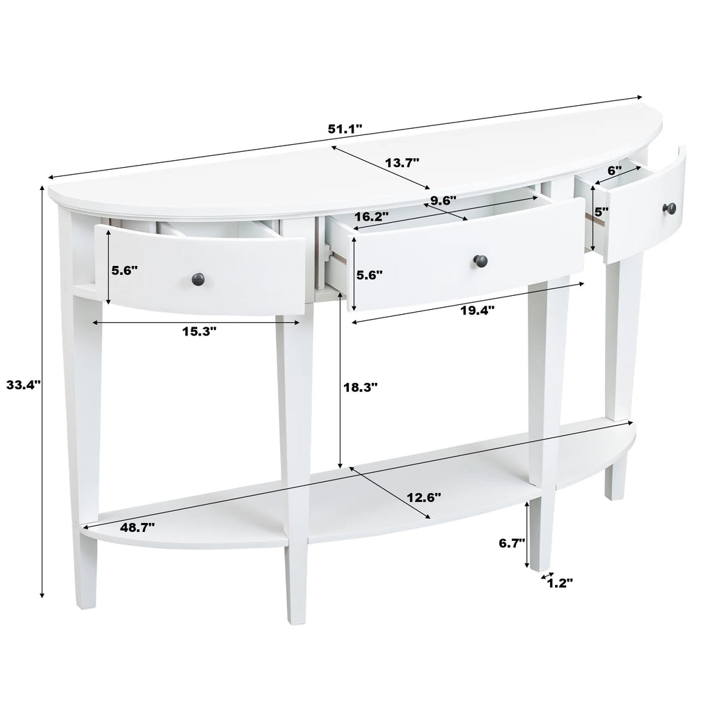 White Curved Console Table with 3 Drawers and Bottom Shelf X30833
