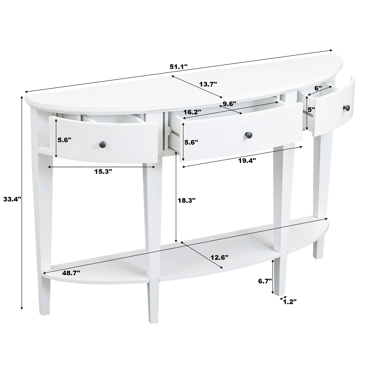 White Curved Console Table with 3 Drawers and Bottom Shelf X30833