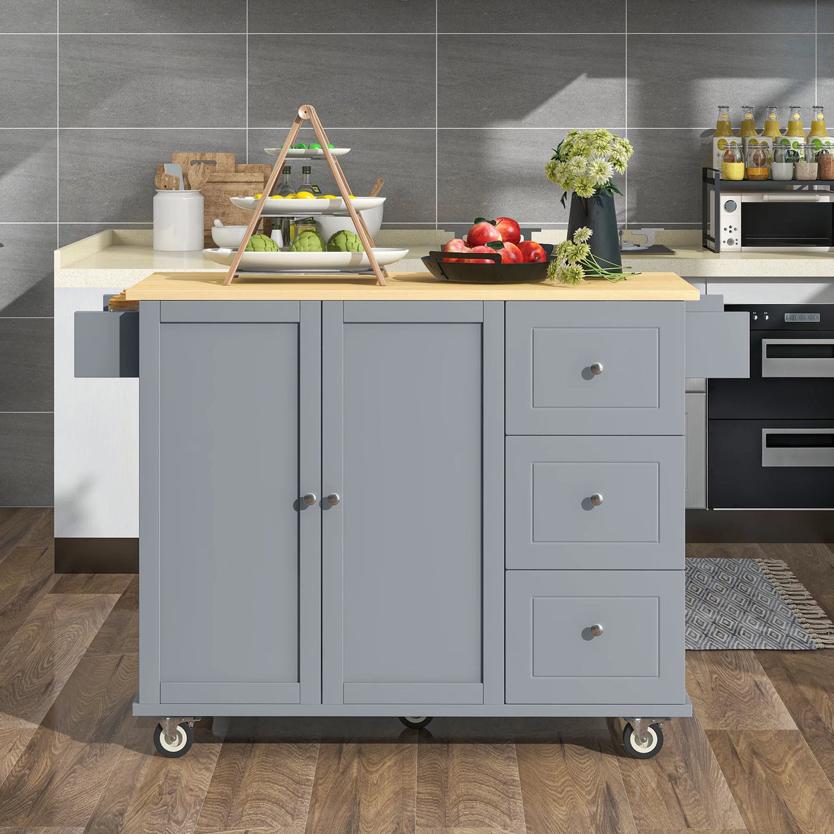 Rolling Mobile Kitchen Island with Storage Cabinet and Drop Breakfast Bar V163