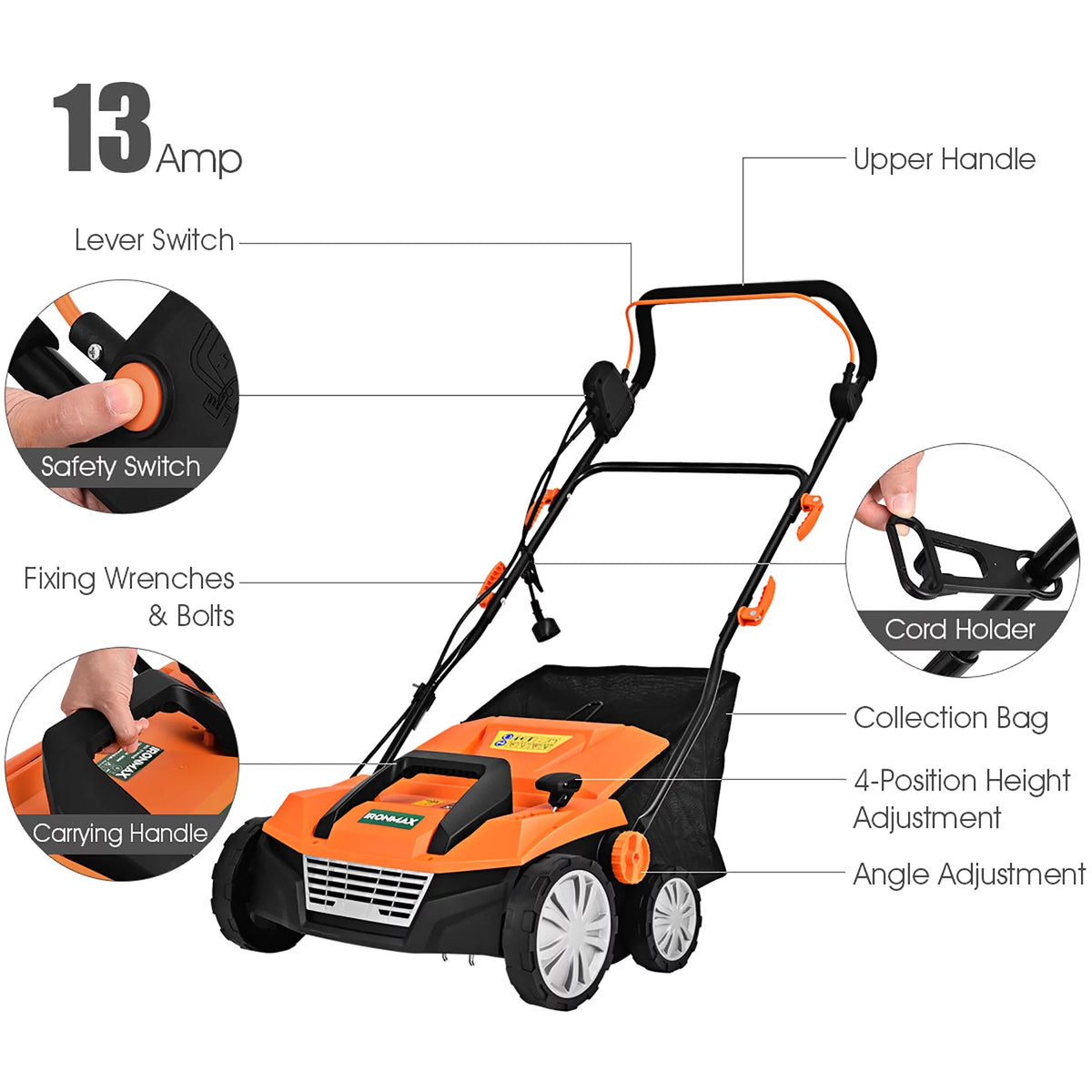 13Amp Corded Electric Lawn Dethatcher with 50L Collection Bag Q994
