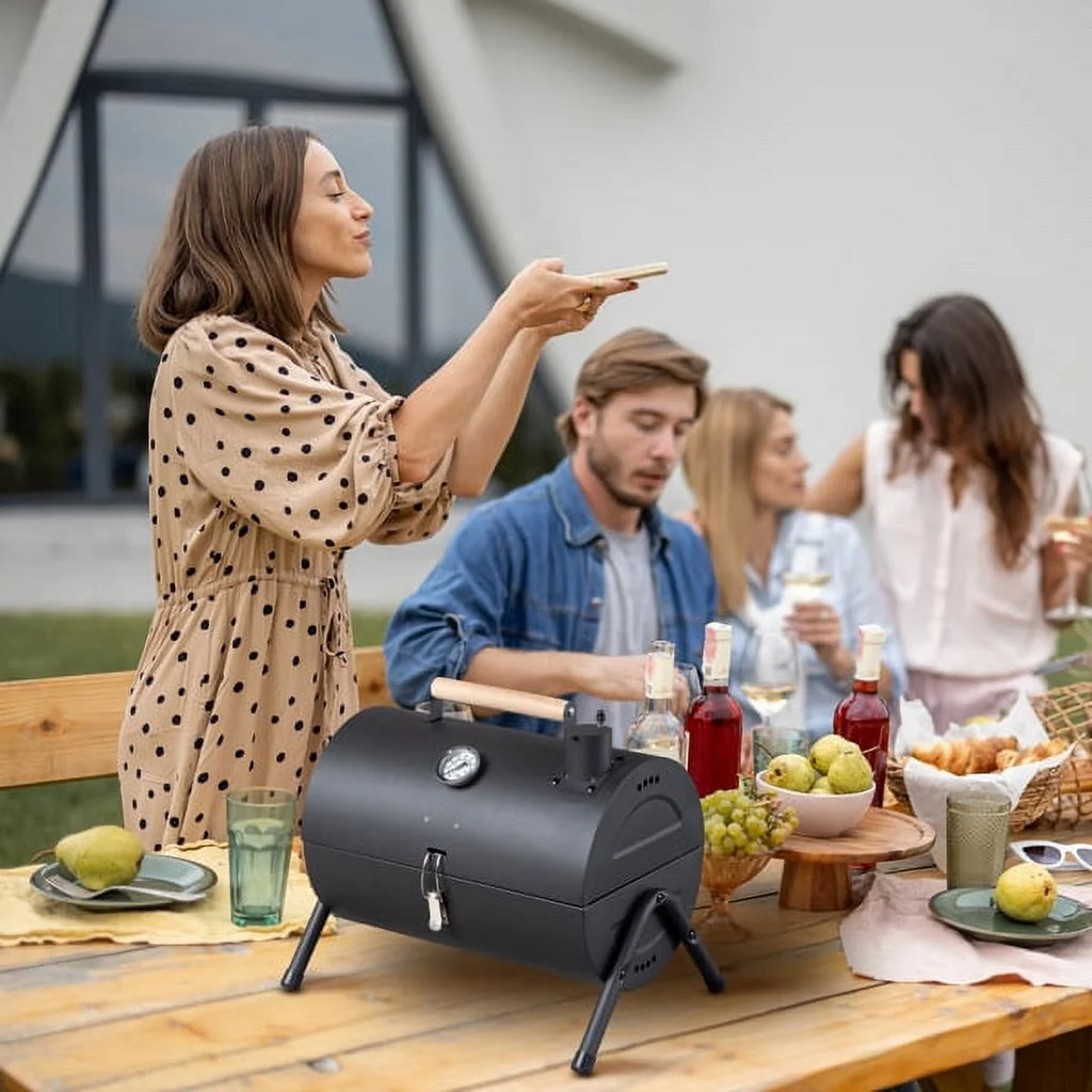 Portable Charcoal Grill with Thermometer & Wooden Handle K2403