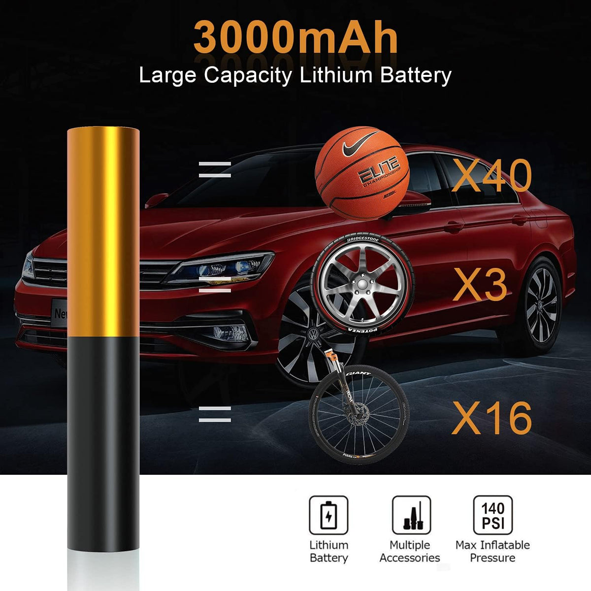 3000mAh Portable Wireless Rechargeable Bike Tire Pump with Digital Pressure Gauge, 140PSI, Pack of 2 V3160