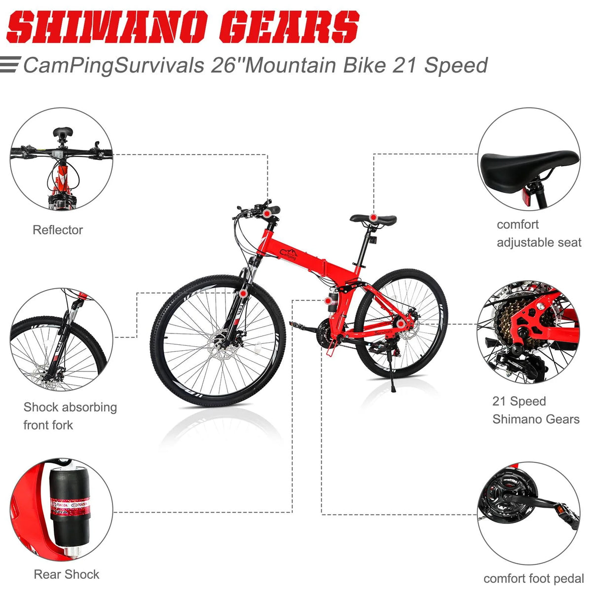 Folding Mountain Bike 21-Speed 26 inch Wheels Red J859
