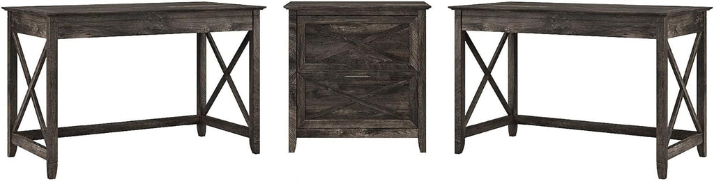 2 Person Desk Set with Lateral File Cabinet, Dark Gray Hickory T4923