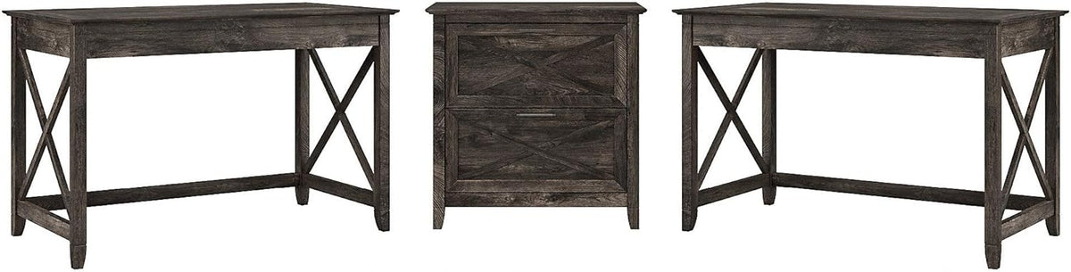 2 Person Desk Set with Lateral File Cabinet, Dark Gray Hickory T4923
