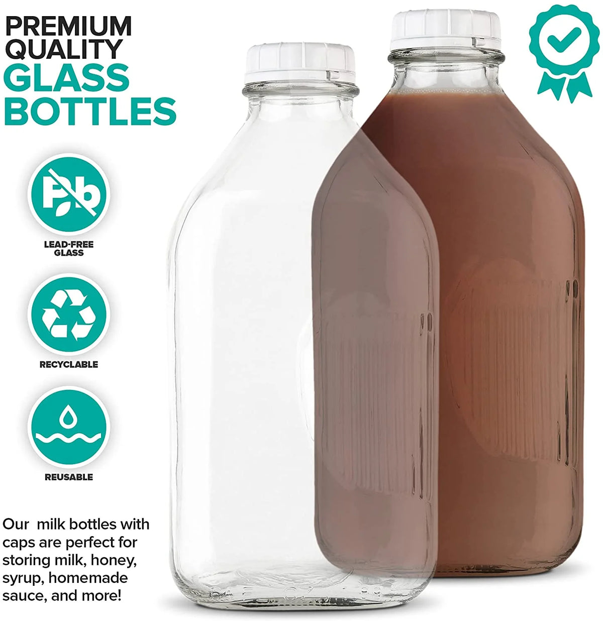 64-Oz Glass Milk Bottles with 3 White Caps, Dishwasher Safe I5426