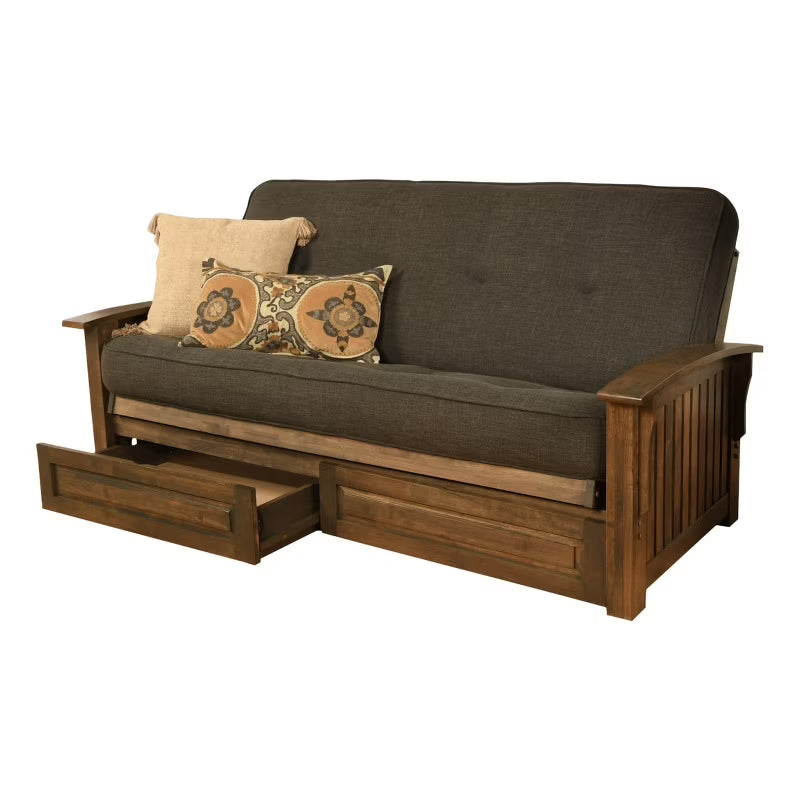 Walnut Futon with Drawers and Linen Gray Mattress B479668