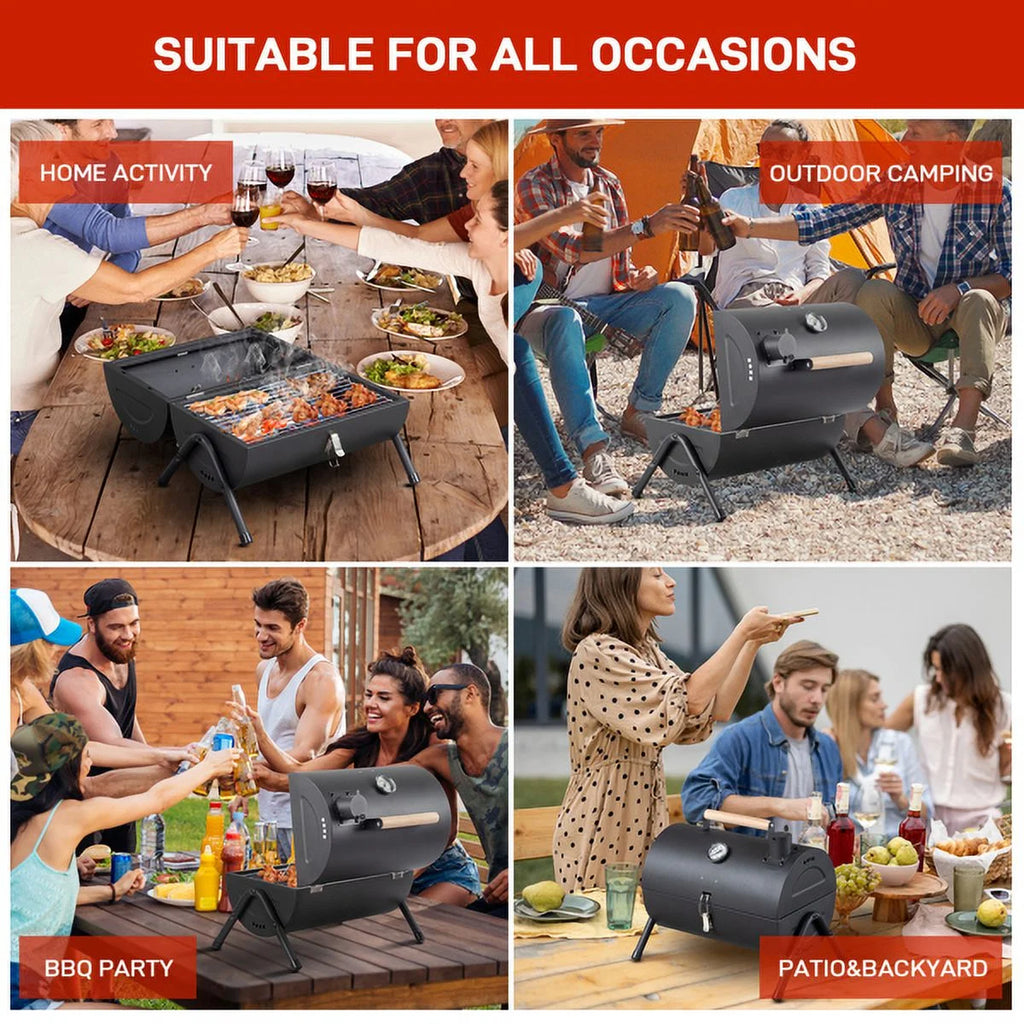 Portable Charcoal Grill with Thermometer & Wooden Handle K2403