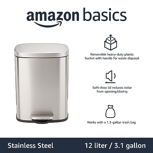 Rectangular Trash Can with Soft-Close Foot Pedal, Brushed Stainless Steel, 30 litre V8727