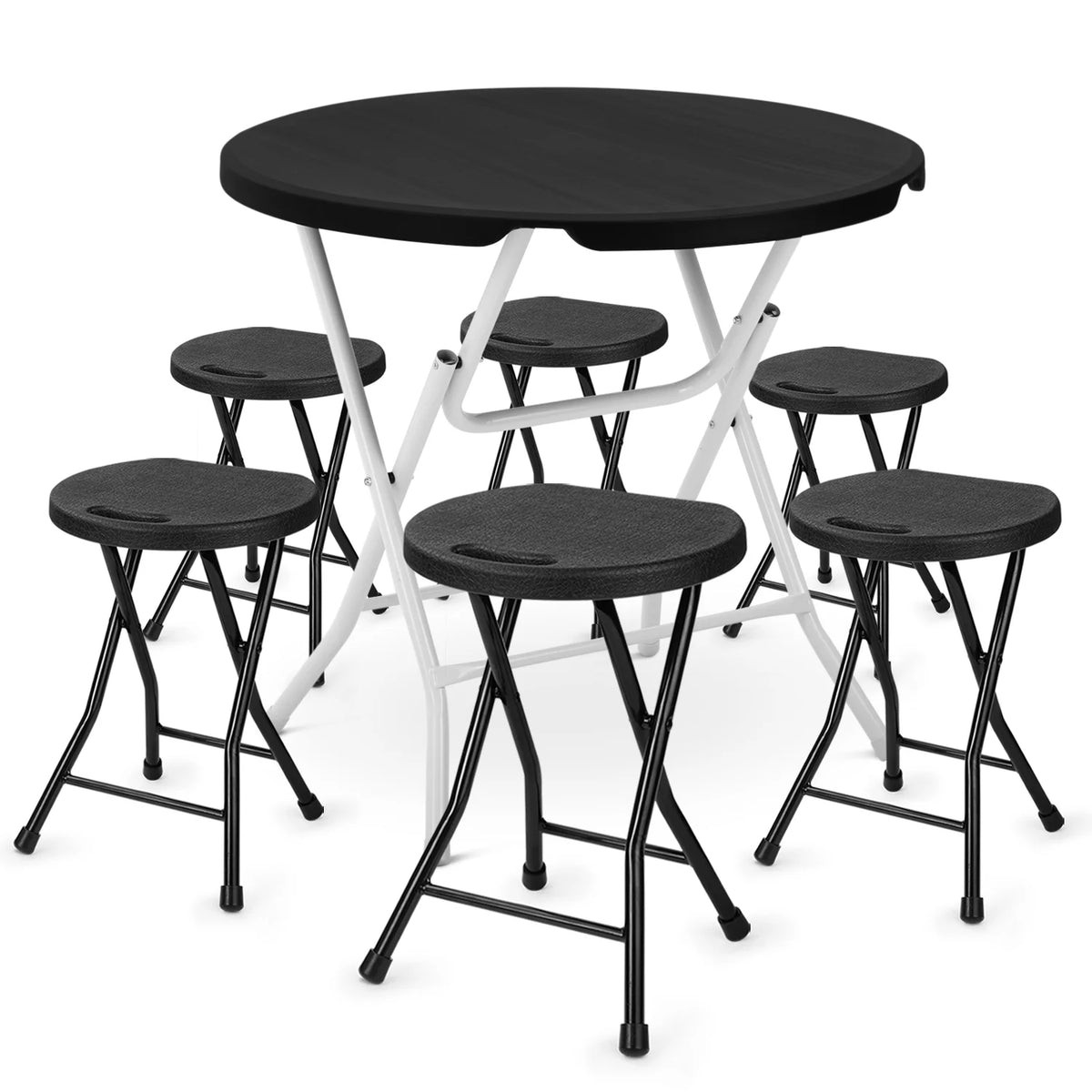 7 Pieces 2.6 FT Folding Round Black Table and Chair Set D962