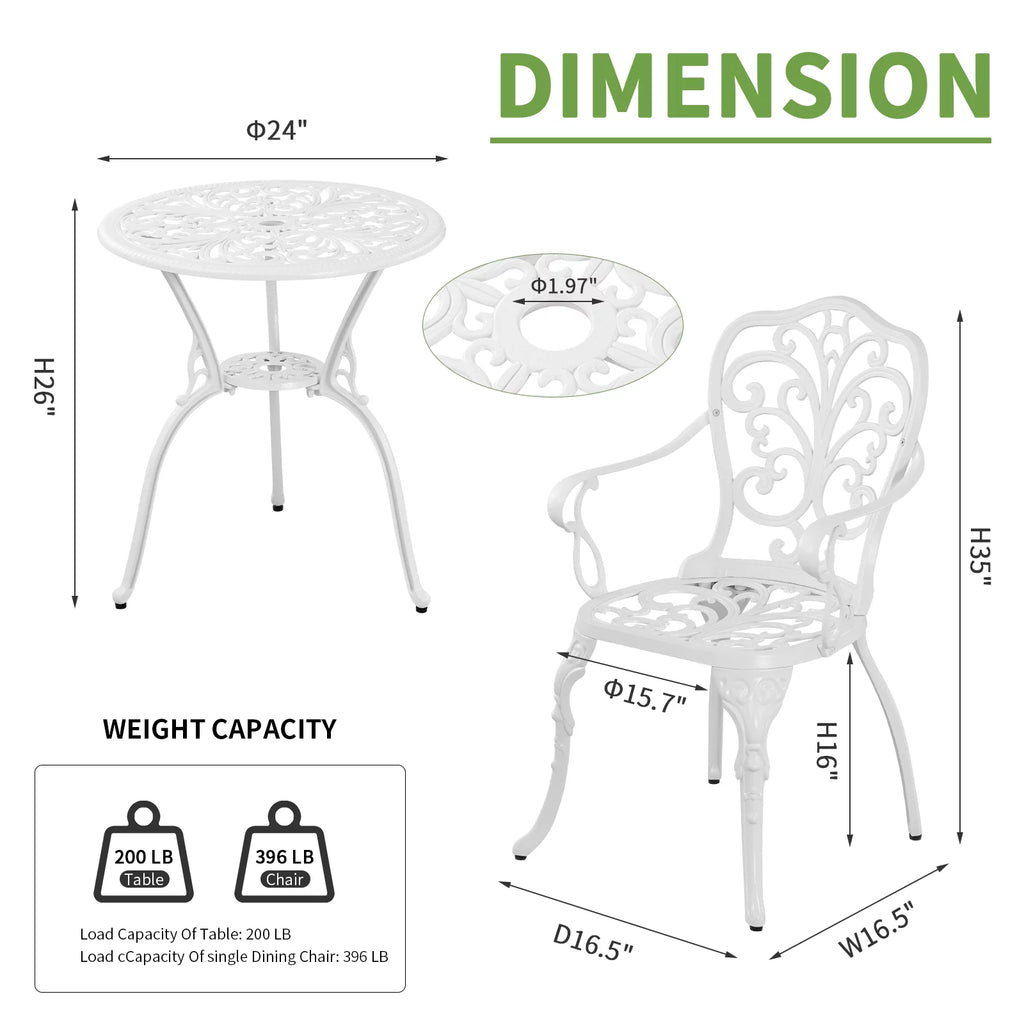 White Bistro Table and Chairs Set with Umbrella Hole S400746