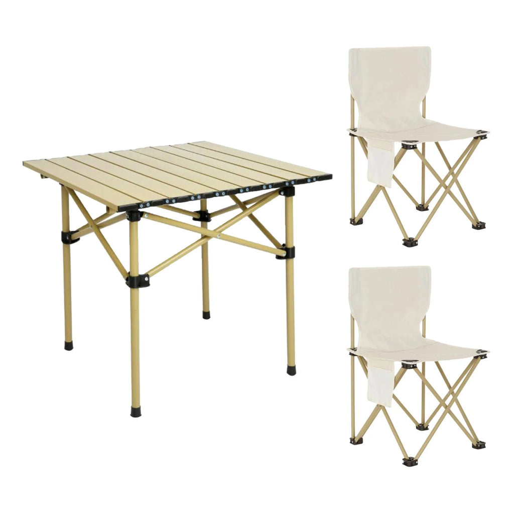 Camping Folding Table Chairs Set Steel Camp Table with 2 Stools Oxford Mat Chair U45388