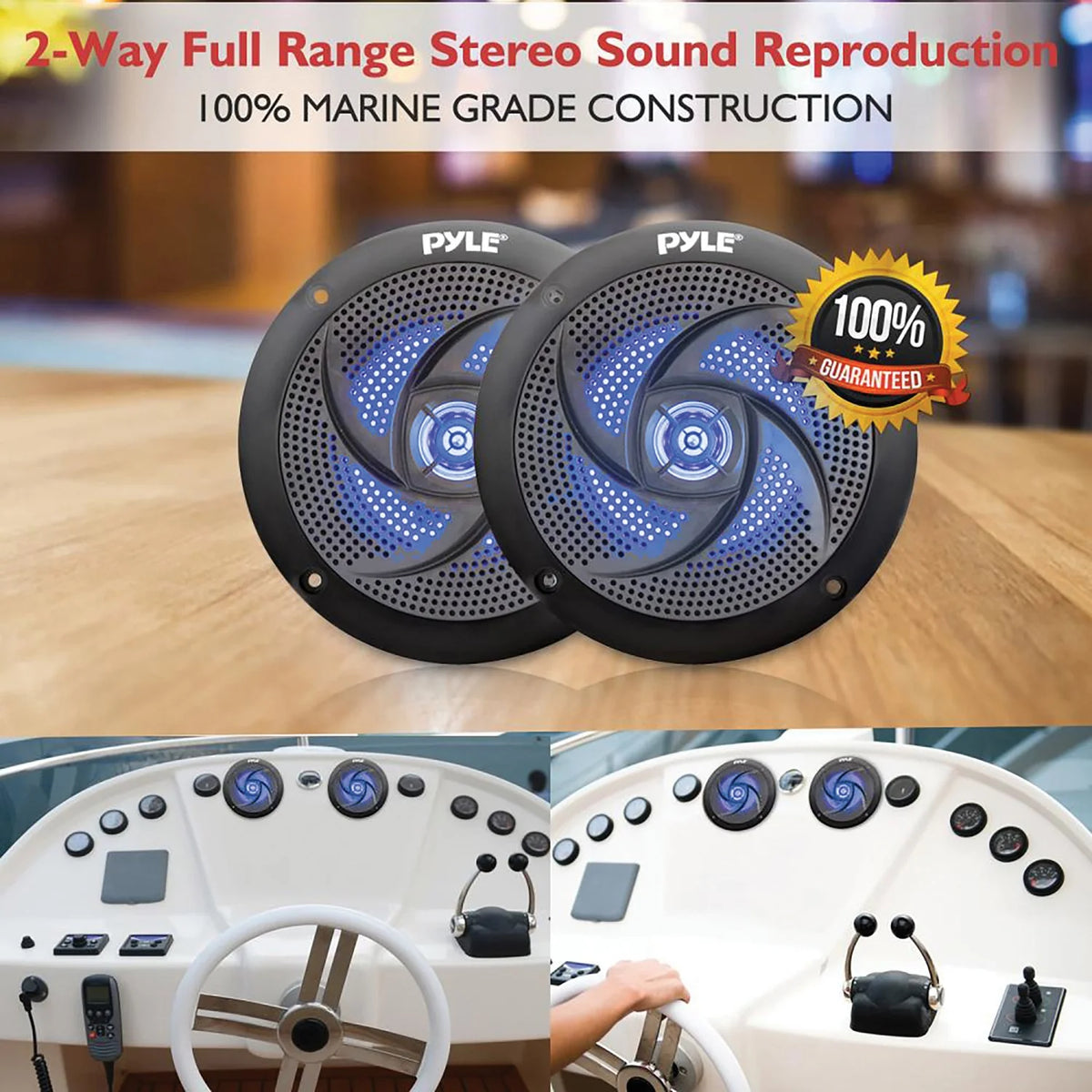 4 Waterproof Low Profile Marine Speakers, Black (2 Pack) U615