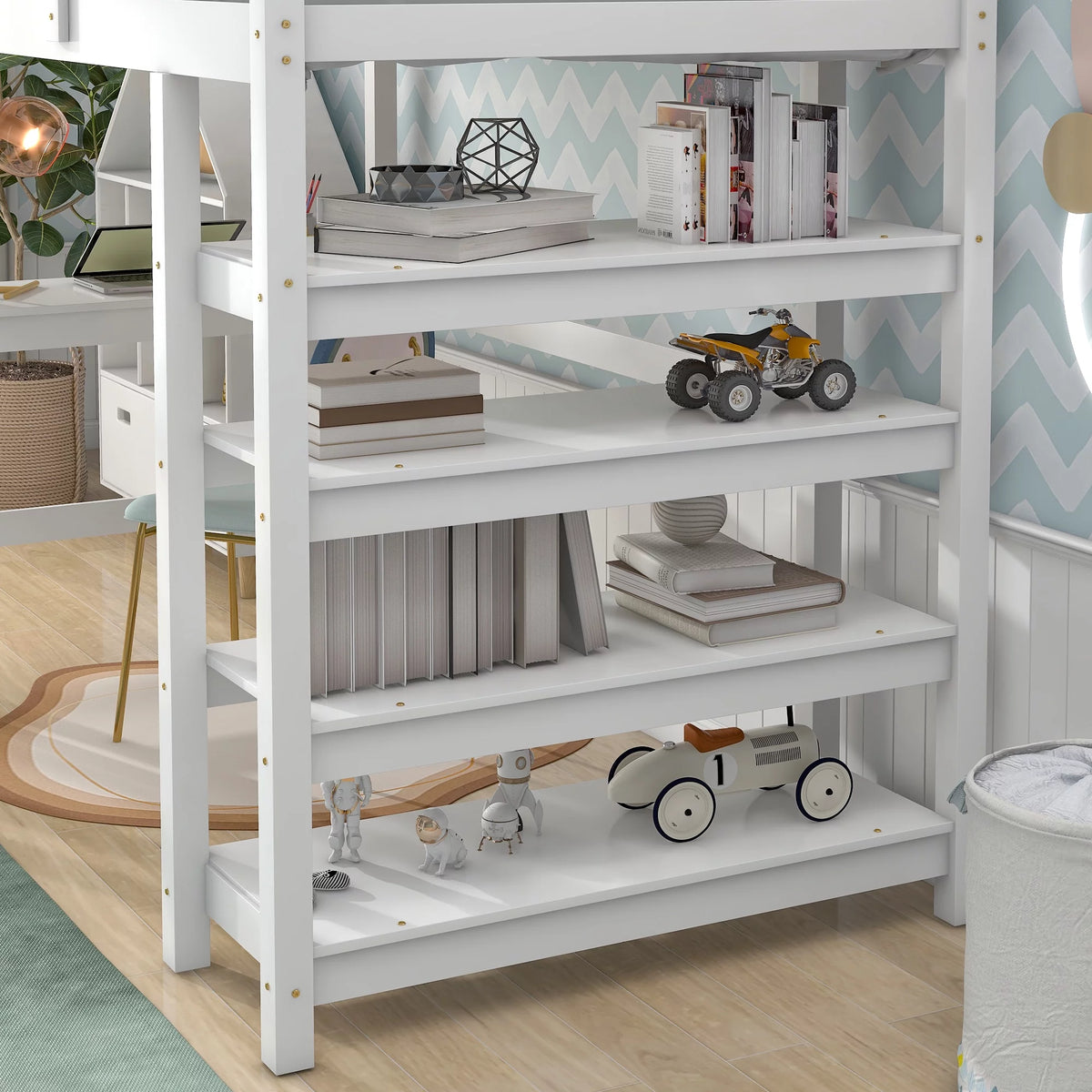 White Twin Loft Bed with Desk, Ladder, Shelves E158059