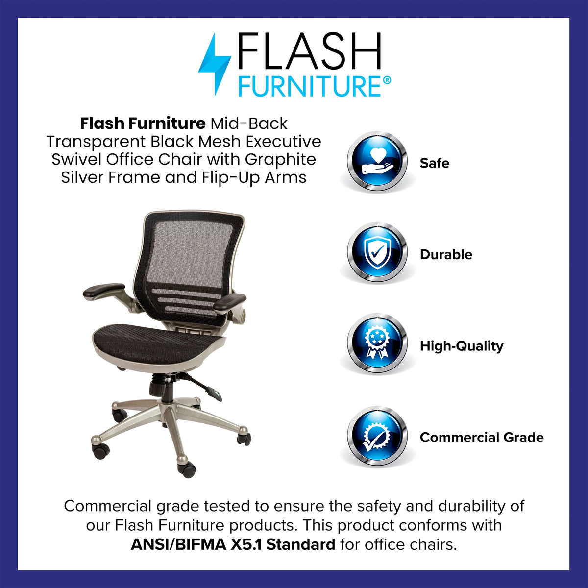 Mid-Back Transparent Black Mesh Executive Swivel Office Chair with Flip-Up Arms P1545