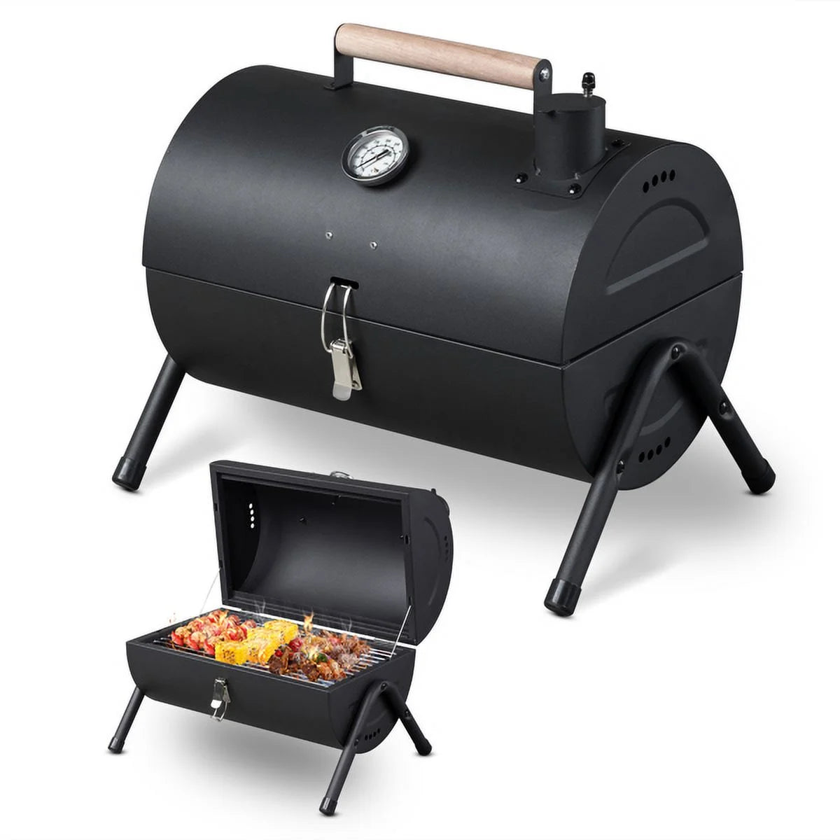 Portable Charcoal Grill with Thermometer & Wooden Handle K2403