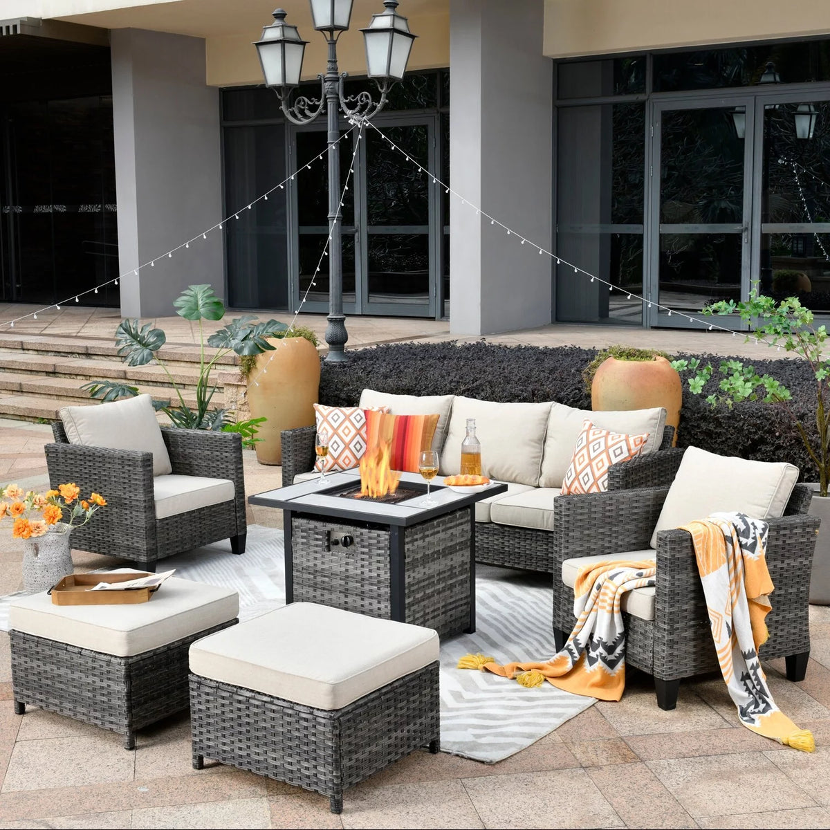 6-piece High-back Wicker Sectional Set With Fire Pit O83248