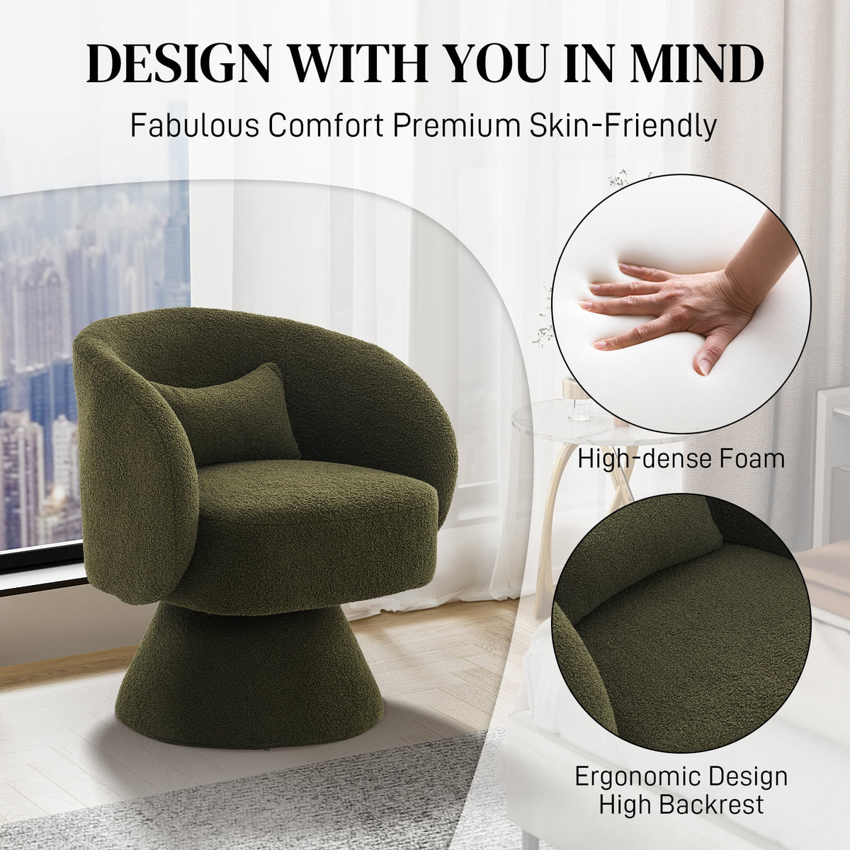 Set of 2 Teddy Fabric Swivel Barrel Chairs with Pillow B569414