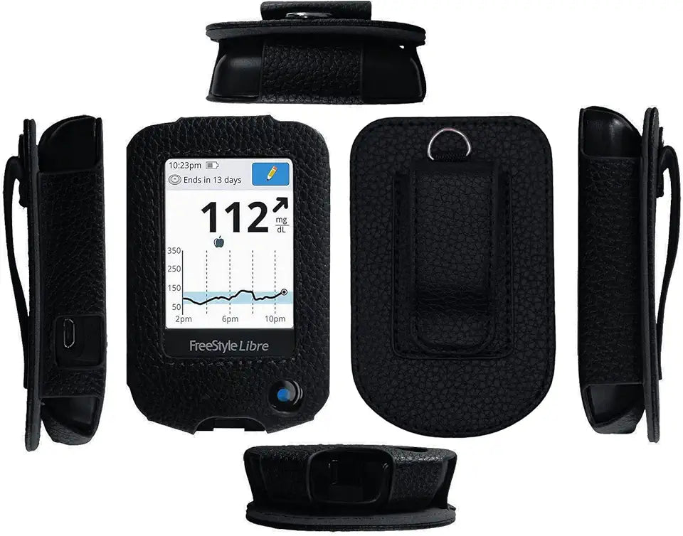 Fitted Leather Case with Screen Protector and Lanyard for Freestyle Libre 3, Freestyle Libre 2 Black Z6310