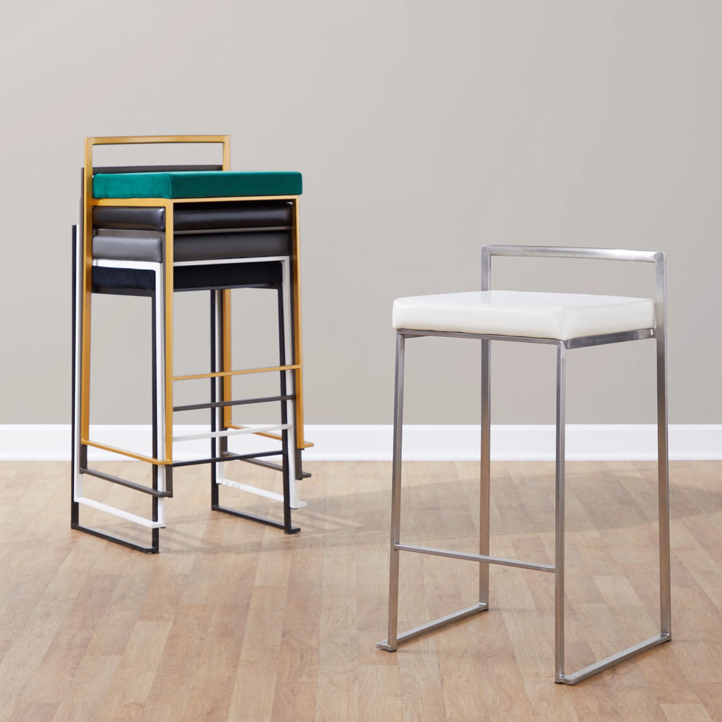 White Stackable Counter Stool with Faux Leather Cushion, Set of 2 Y903